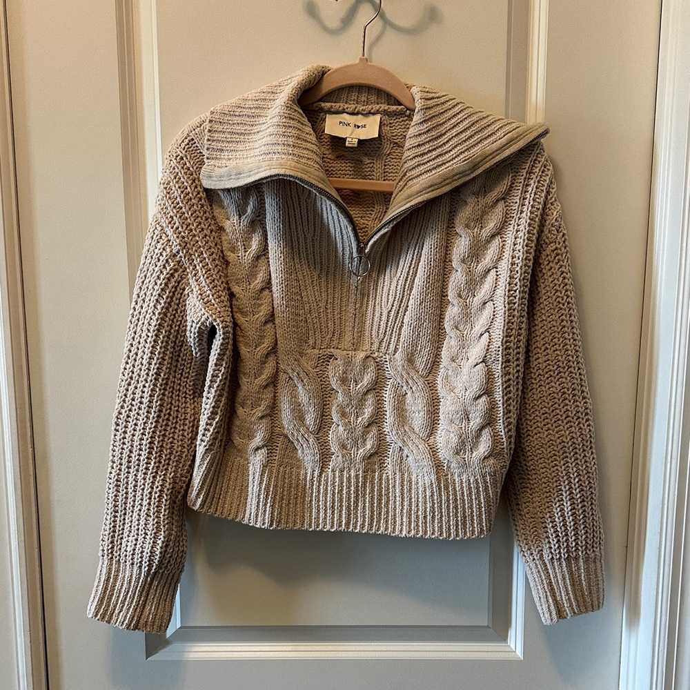 Pink Rose Cable Knit Sweater - Tan small